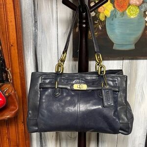 Coach Dark Blue Leather Shoulder Bag with Gold Hardware. Has flaws and fading.